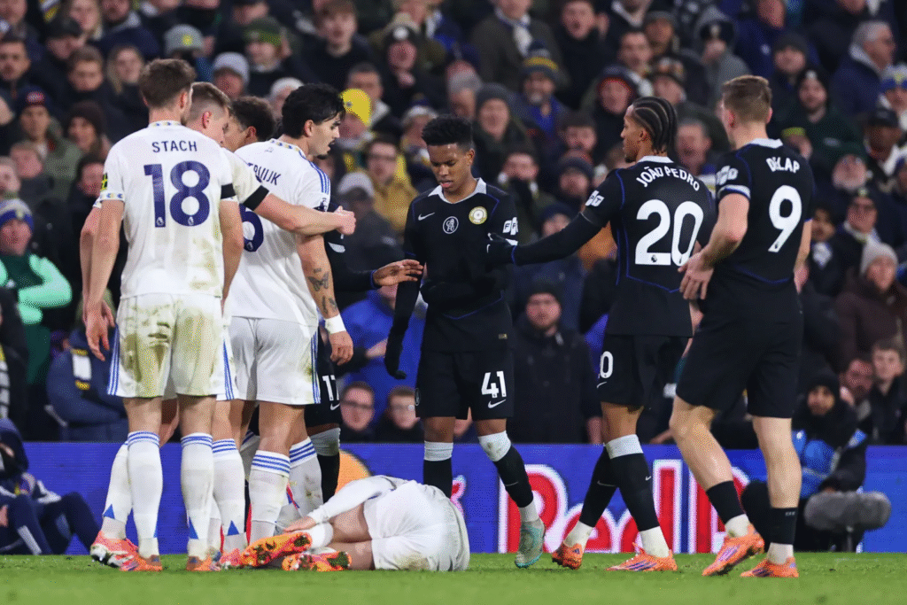 image-181-1024x683 Estevao échappe à un carton rouge pour « violent traumatisme crânien » lors de la déroute 3-1 de Chelsea à Leeds avant d'être remplacé à la mi-temps.